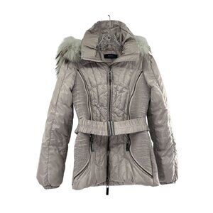 RIZAL Womens Quilted Down Puffer Coat Raccoon Fur Trim Belted Waist Small